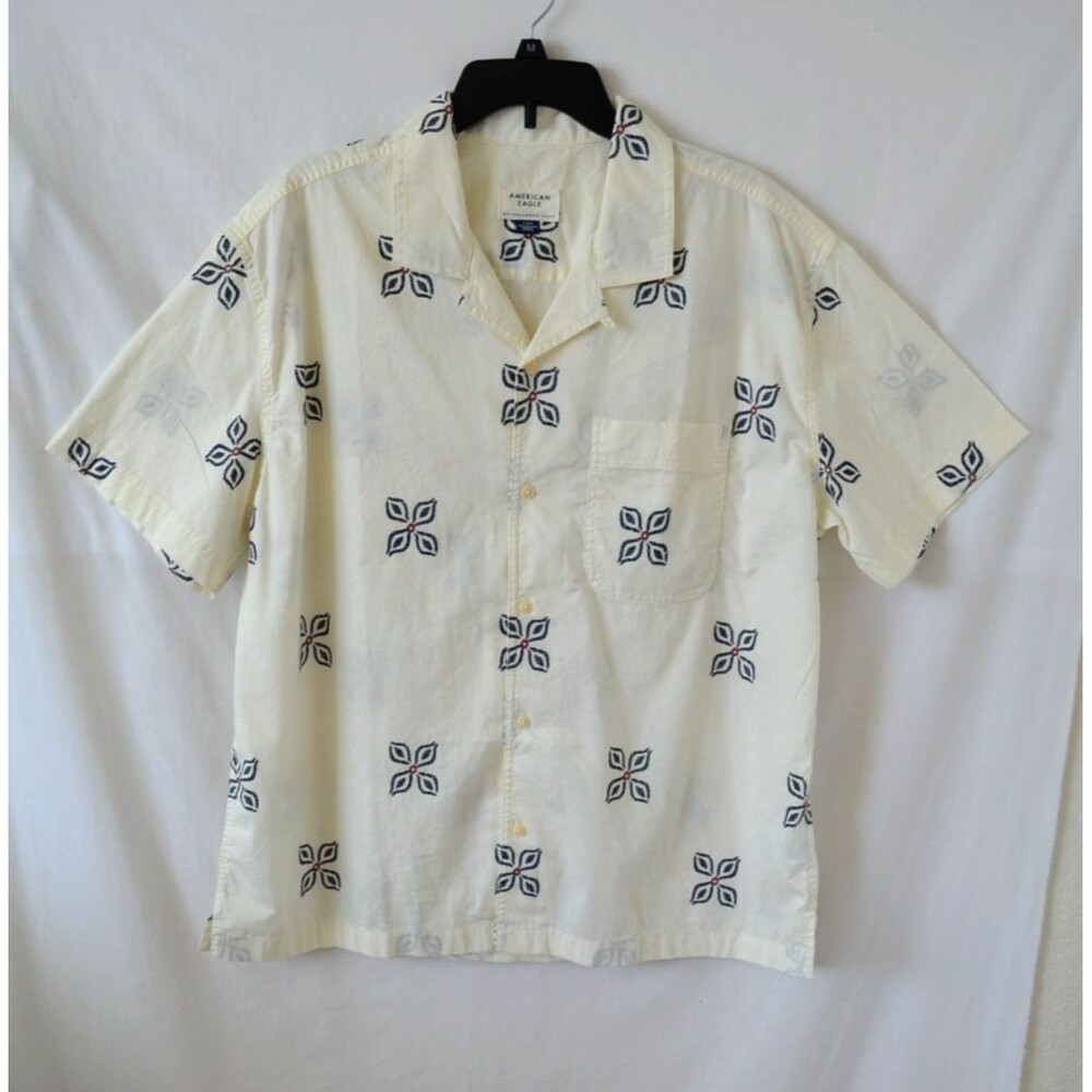 American Eagle Men's Ivory Blue Floral Poolside Short Sleeve Button-Up Shirt L